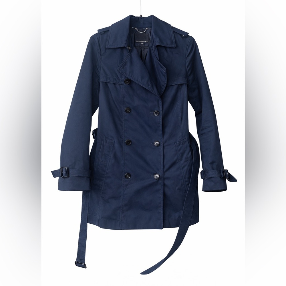 Banana Republic Navy Belted Trench Coat XS Double Breasted Classic EUC - Picture 2 of 16